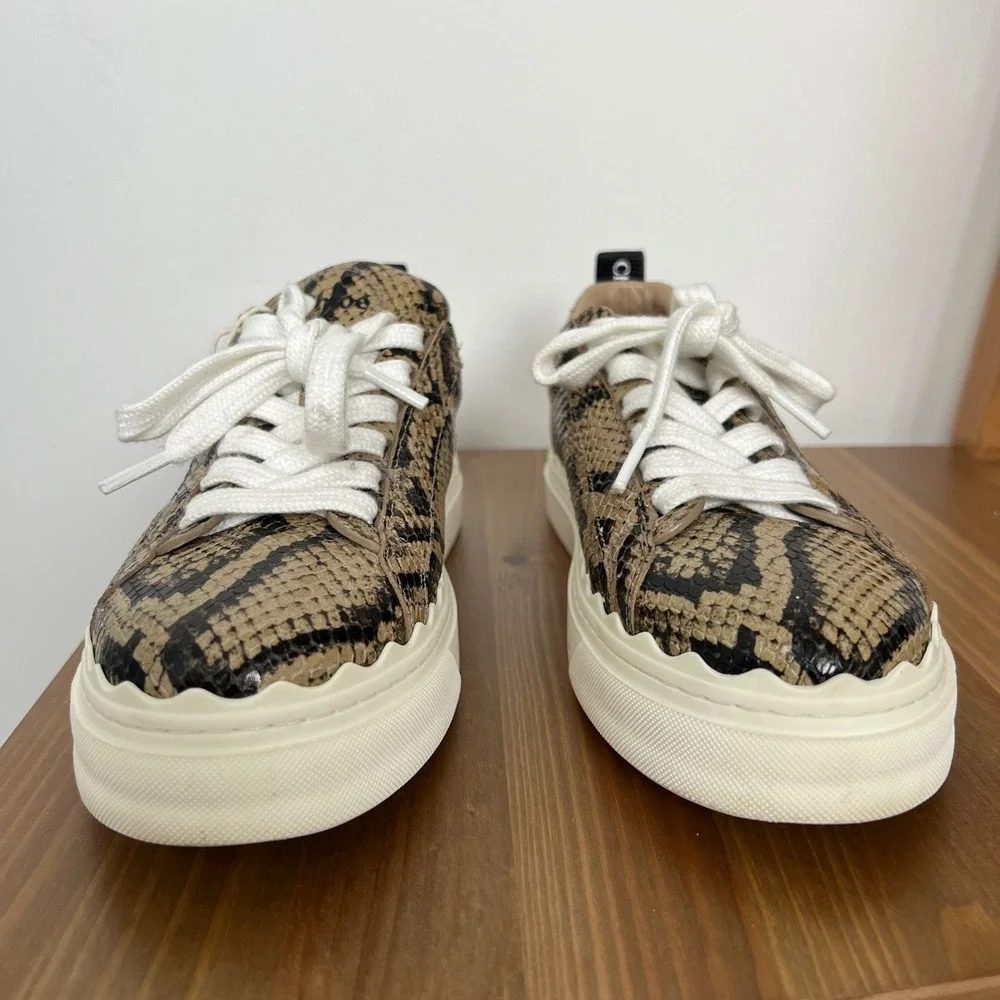 Chloe Lauren Snakeskin Embossed Leather Scalloped Low Top Sneakers Brown 38 - Picture 3 of 11